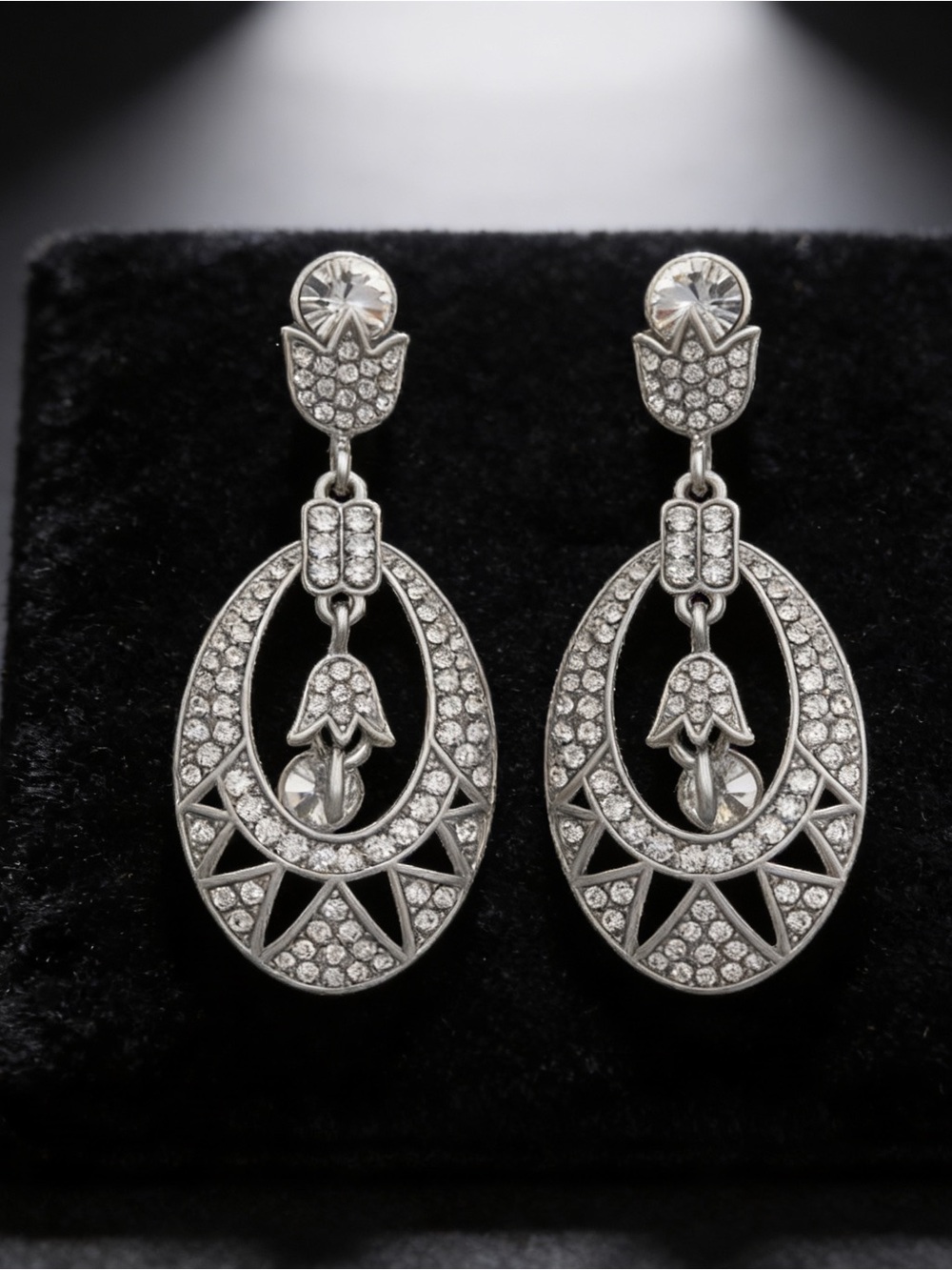 Silver w/Rhinestones Ornate Oval Drop Earrings